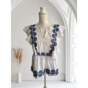 J MARIE White Blue Gathered Blouse Top Size Medium